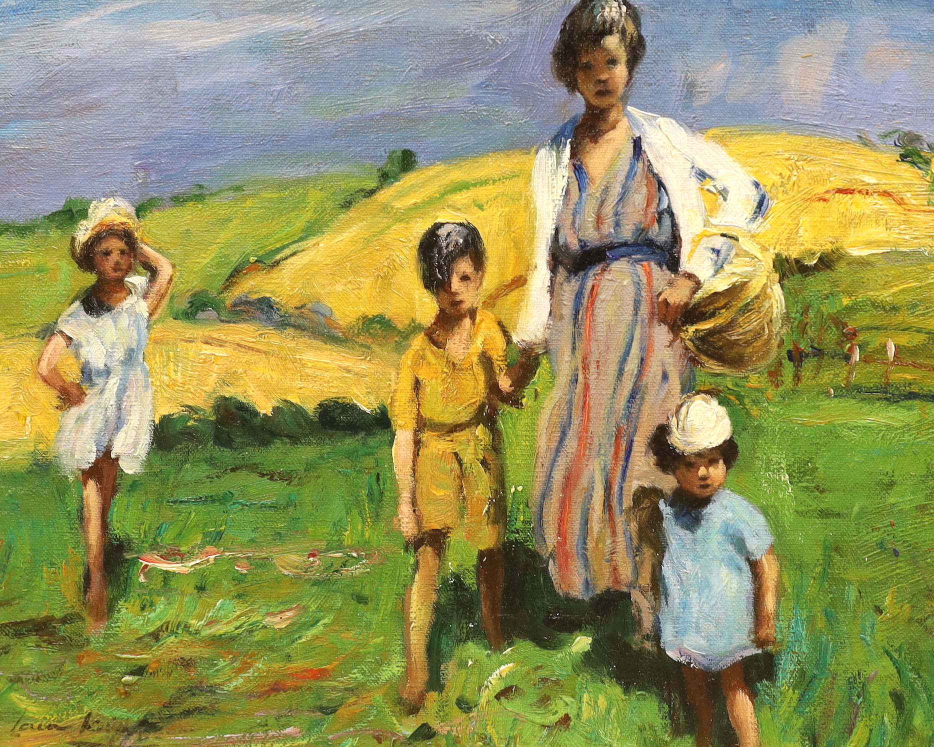 After Laura Knight (1877-1970), impressionist oil on board, Mother and children before a hillside landscape, 27 x 33cm